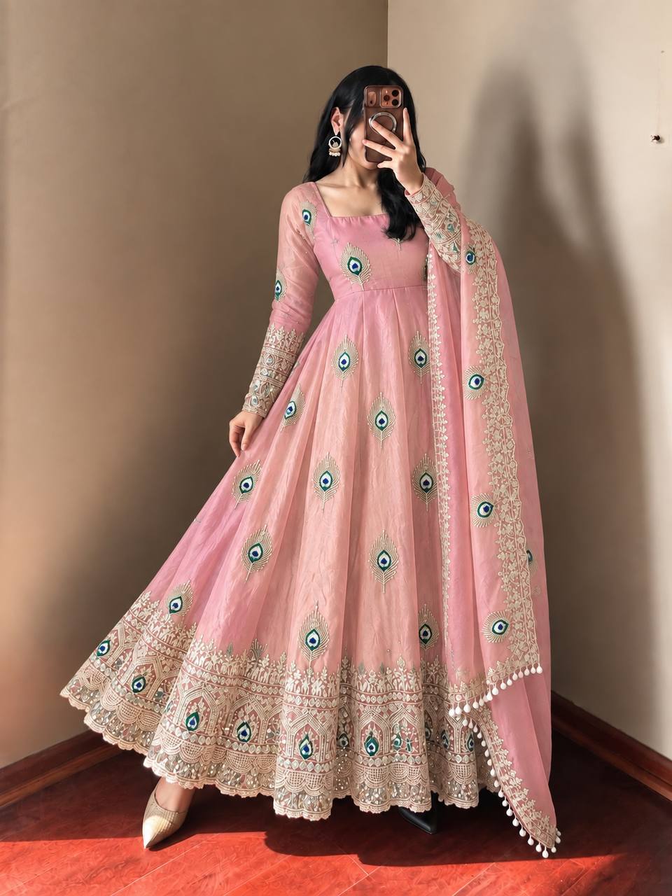 Party Wear Fendy Silk Heavy Embroidered Gown Set with Pant & Dupatta