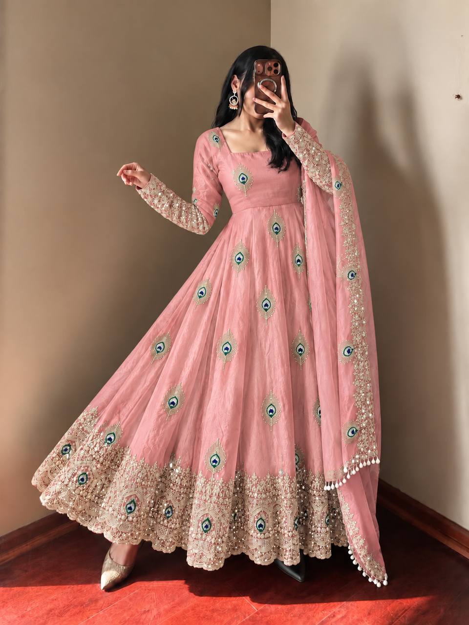 Party Wear Fendy Silk Heavy Embroidered Gown Set with Pant & Dupatta