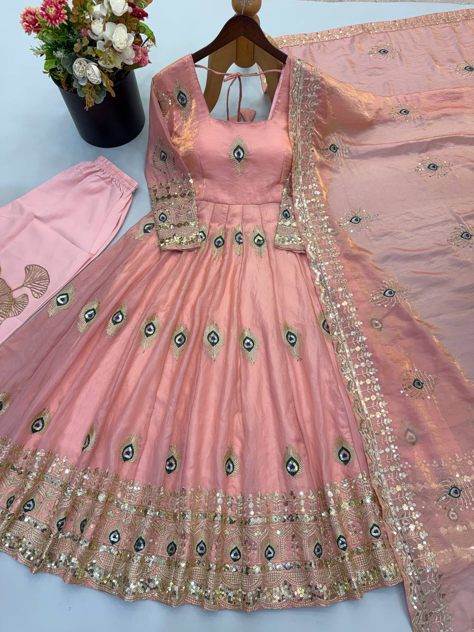 Party Wear Fendy Silk Heavy Embroidered Gown Set with Pant & Dupatta
