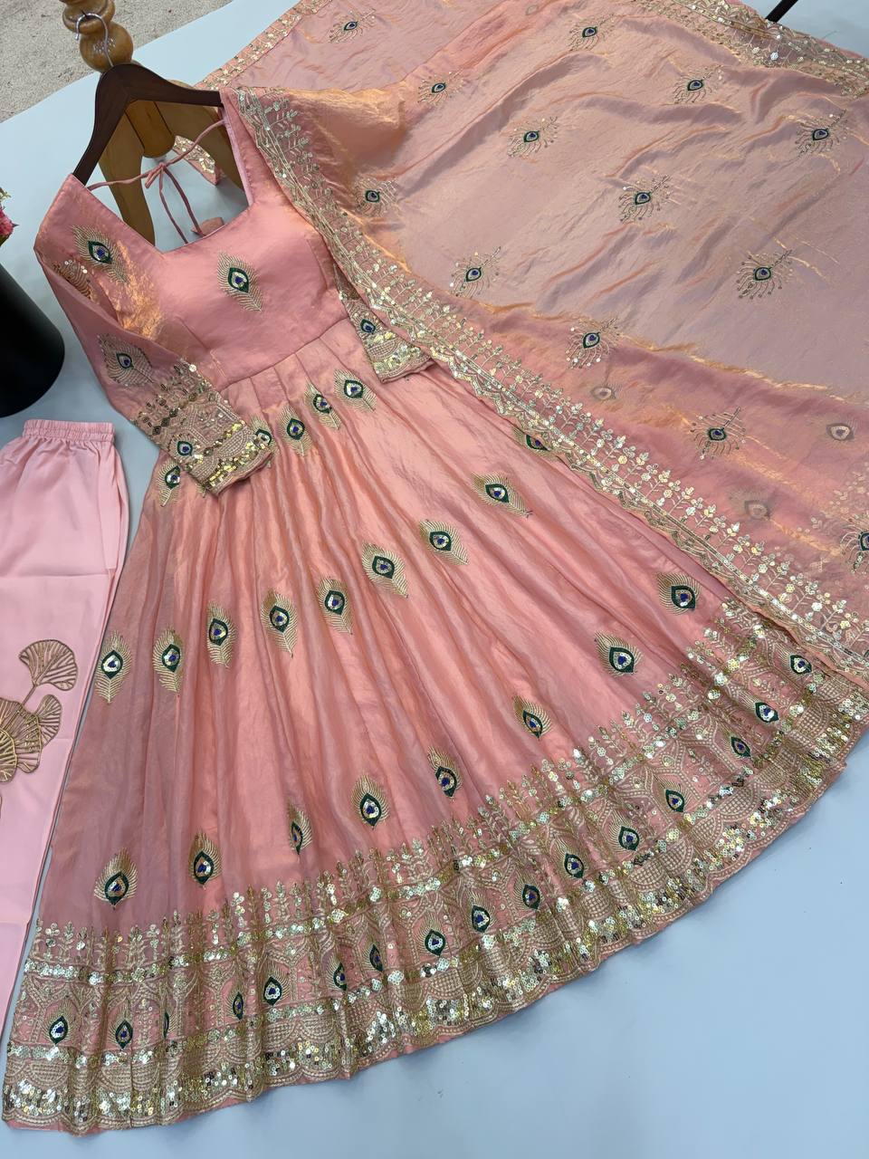 Party Wear Fendy Silk Heavy Embroidered Gown Set with Pant & Dupatta