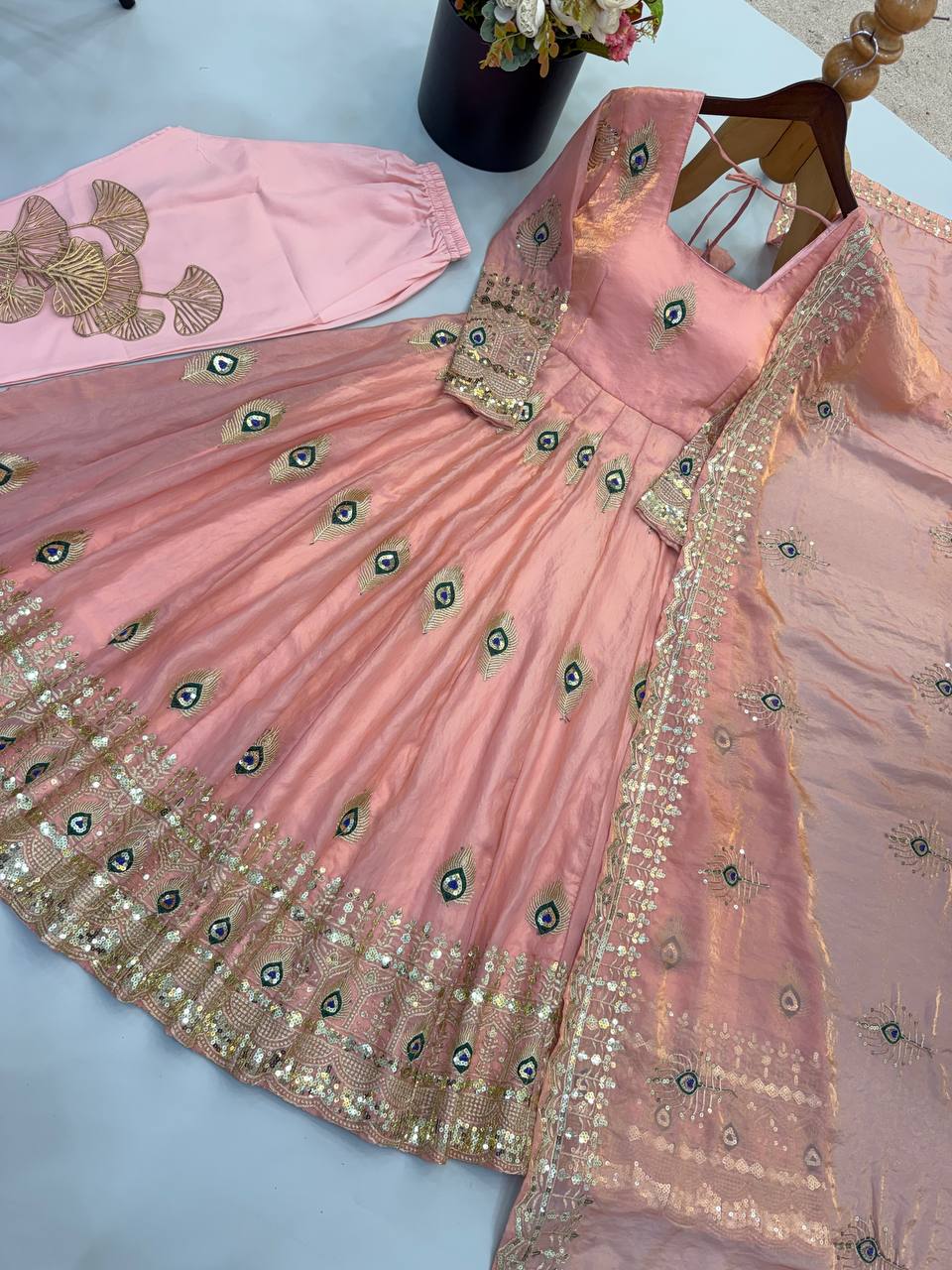 Party Wear Fendy Silk Heavy Embroidered Gown Set with Pant & Dupatta