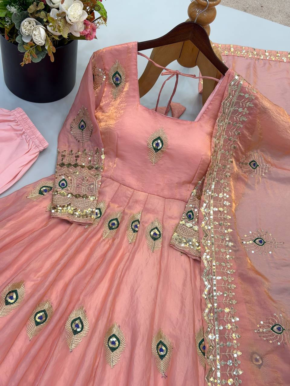 Party Wear Fendy Silk Heavy Embroidered Gown Set with Pant & Dupatta