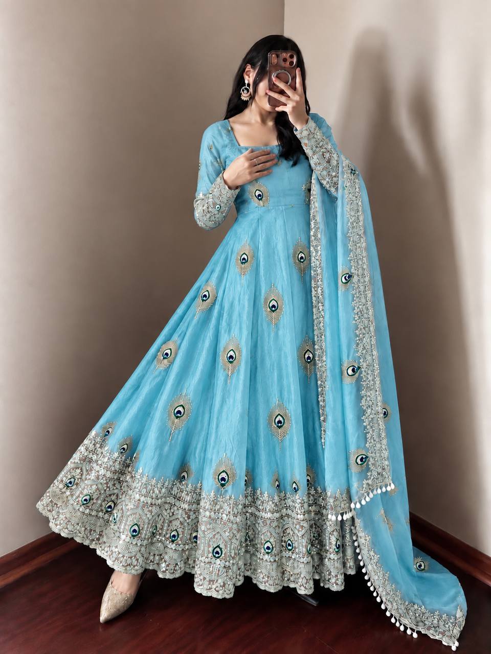 Party Wear Fendy Silk Heavy Embroidered Gown Set with Pant & Dupatta