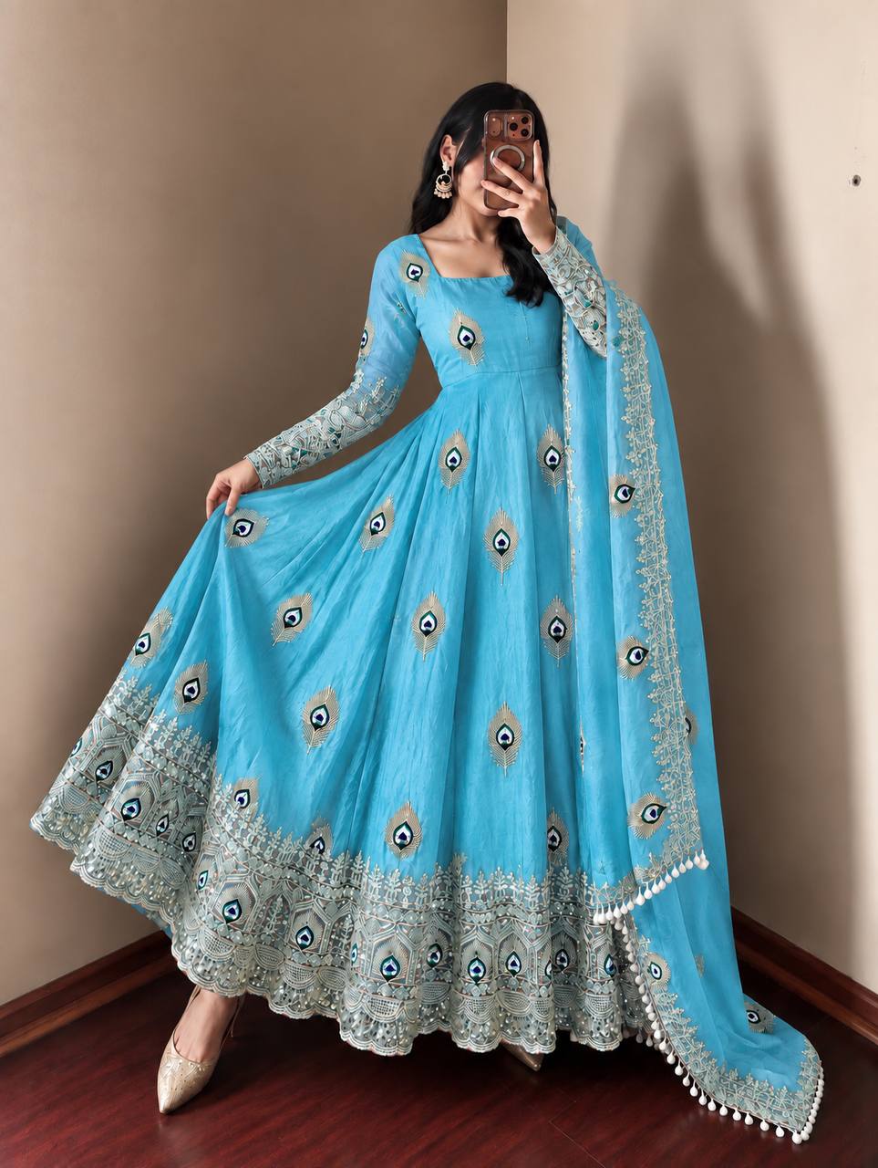 Party Wear Fendy Silk Heavy Embroidered Gown Set with Pant & Dupatta
