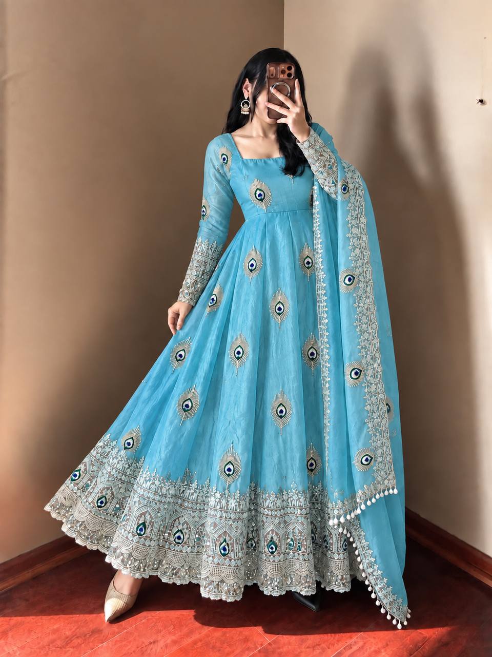 Party Wear Fendy Silk Heavy Embroidered Gown Set with Pant & Dupatta