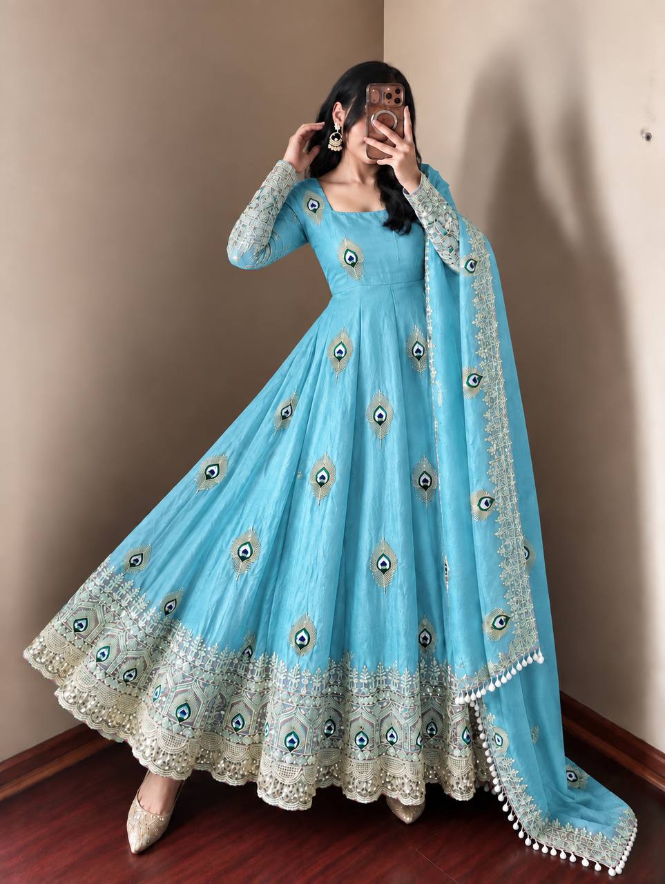 Party Wear Fendy Silk Heavy Embroidered Gown Set with Pant & Dupatta