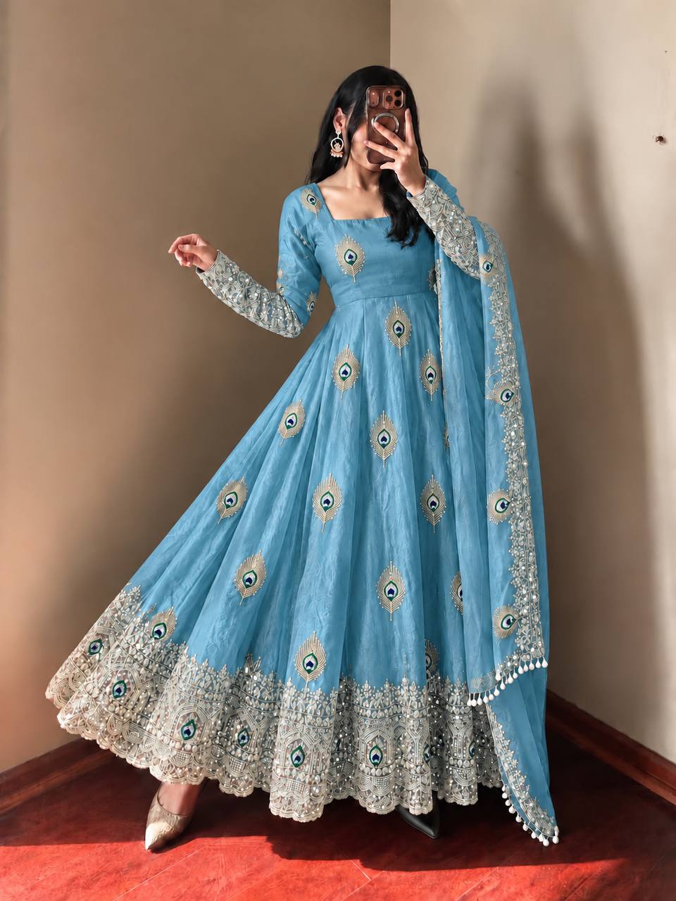 Party Wear Fendy Silk Heavy Embroidered Gown Set with Pant & Dupatta