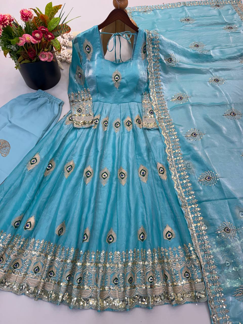 Party Wear Fendy Silk Heavy Embroidered Gown Set with Pant & Dupatta