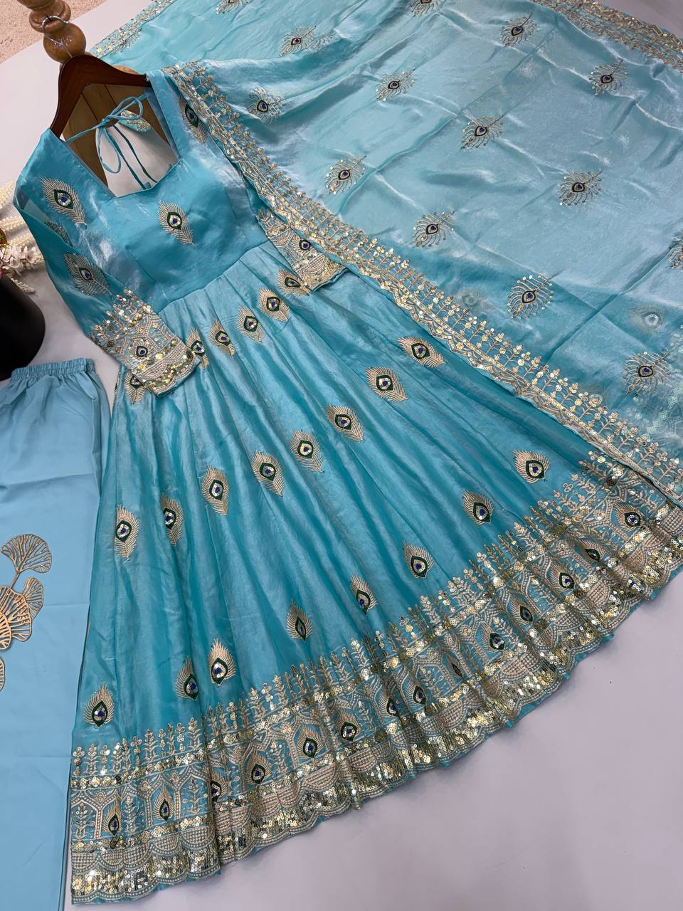 Party Wear Fendy Silk Heavy Embroidered Gown Set with Pant & Dupatta