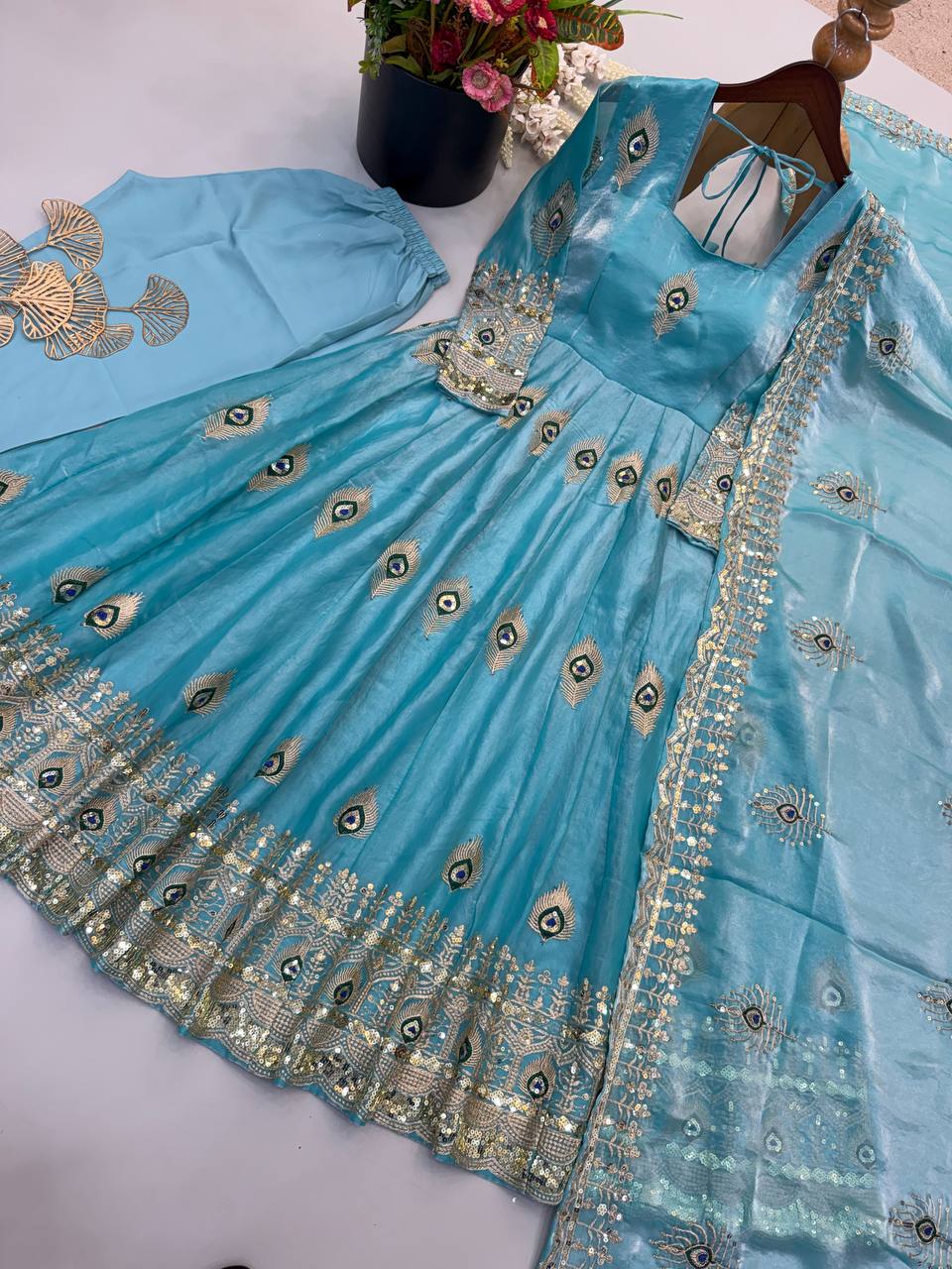 Party Wear Fendy Silk Heavy Embroidered Gown Set with Pant & Dupatta