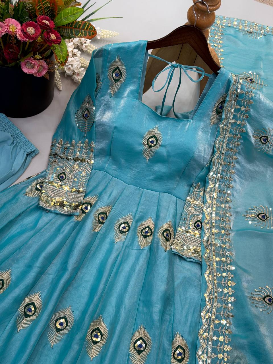 Party Wear Fendy Silk Heavy Embroidered Gown Set with Pant & Dupatta