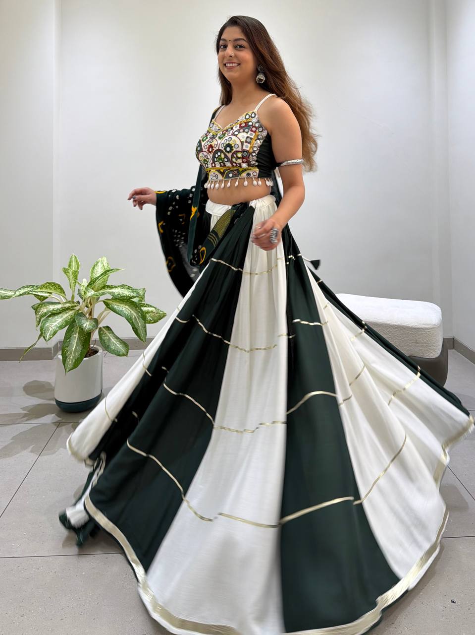 Designer 6M Gher Rayon Navratri Lehenga Choli Set with Authentic Mirror Work