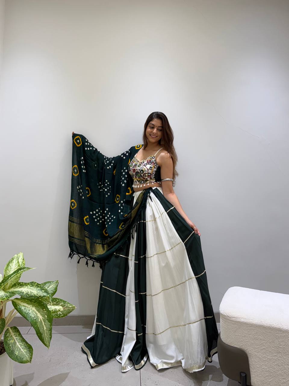 Designer 6M Gher Rayon Navratri Lehenga Choli Set with Authentic Mirror Work