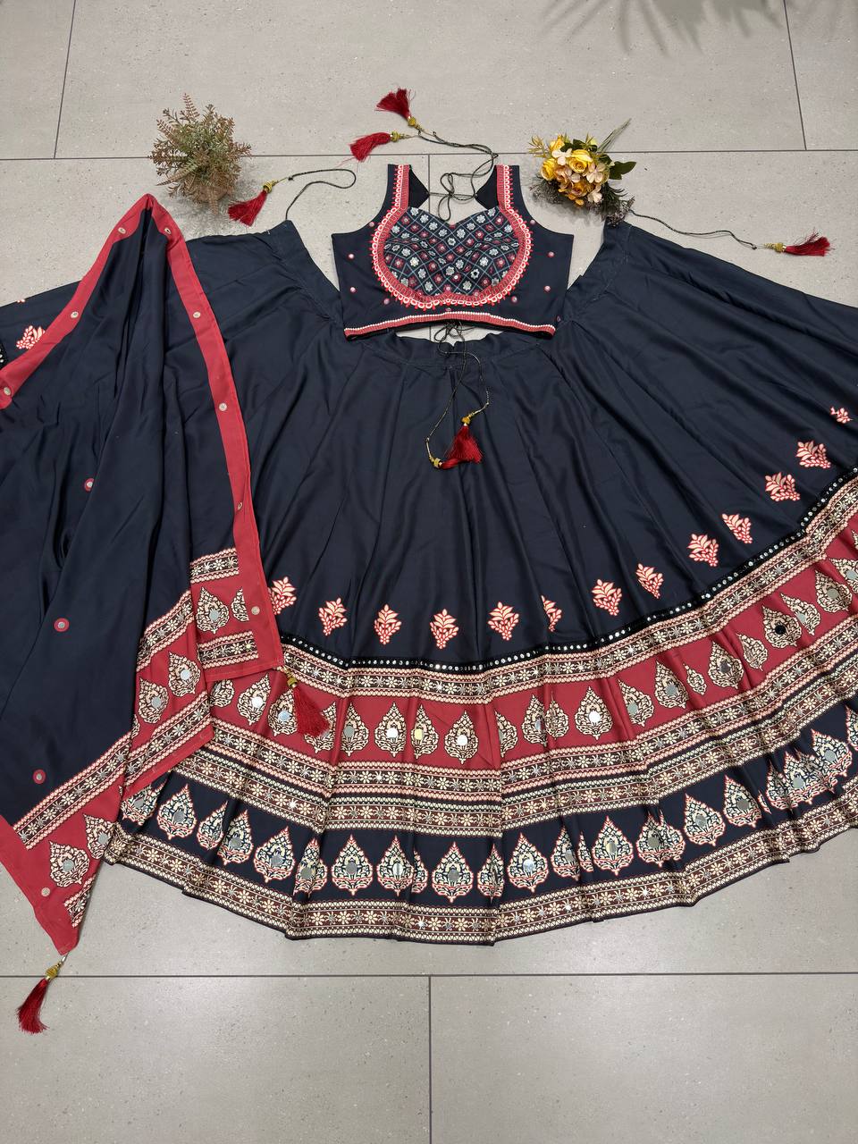 Designer Navratri Real Mirror Embroidered Chaniya Choli 3-Piece Set