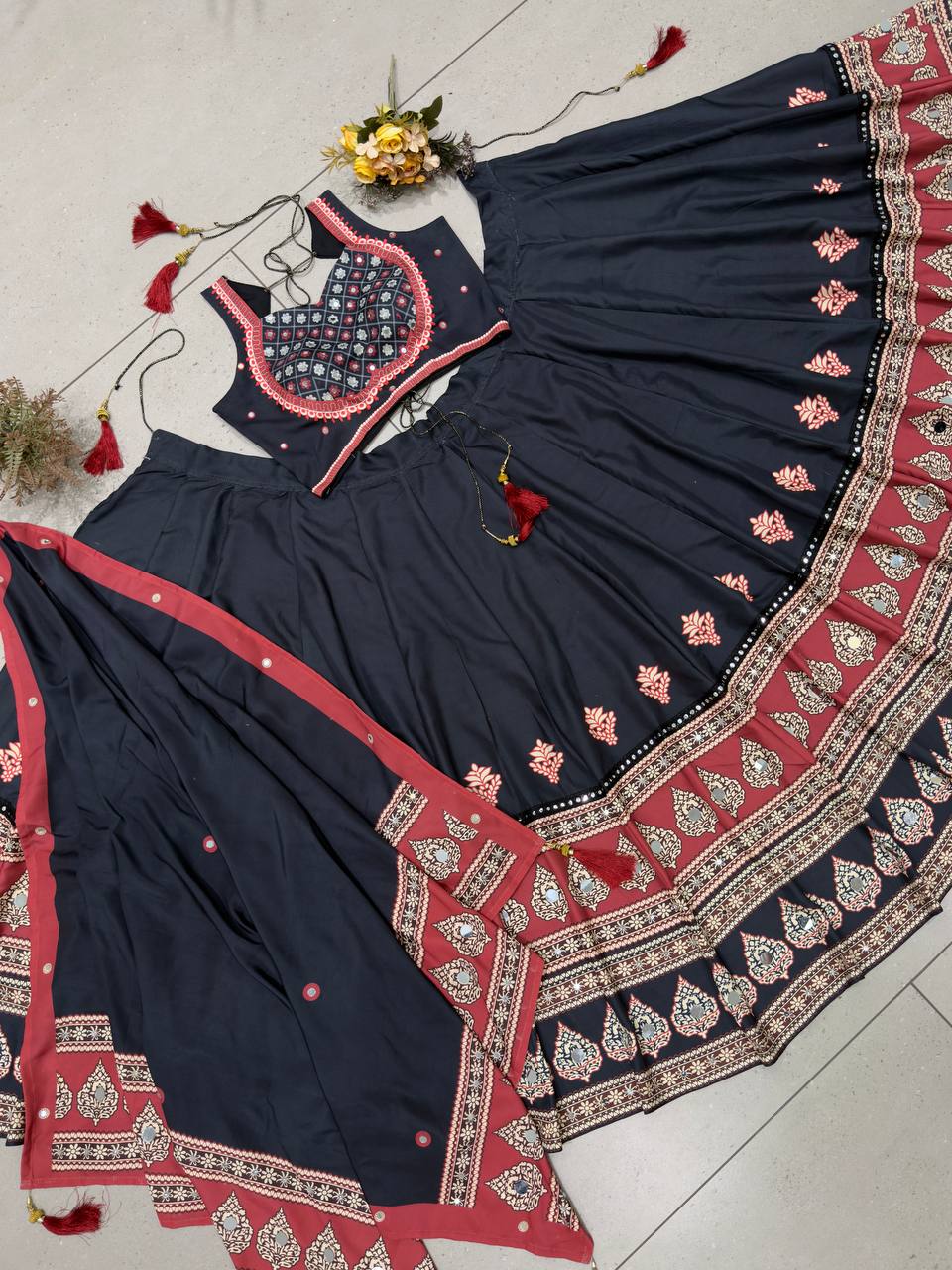 Designer Navratri Real Mirror Embroidered Chaniya Choli 3-Piece Set