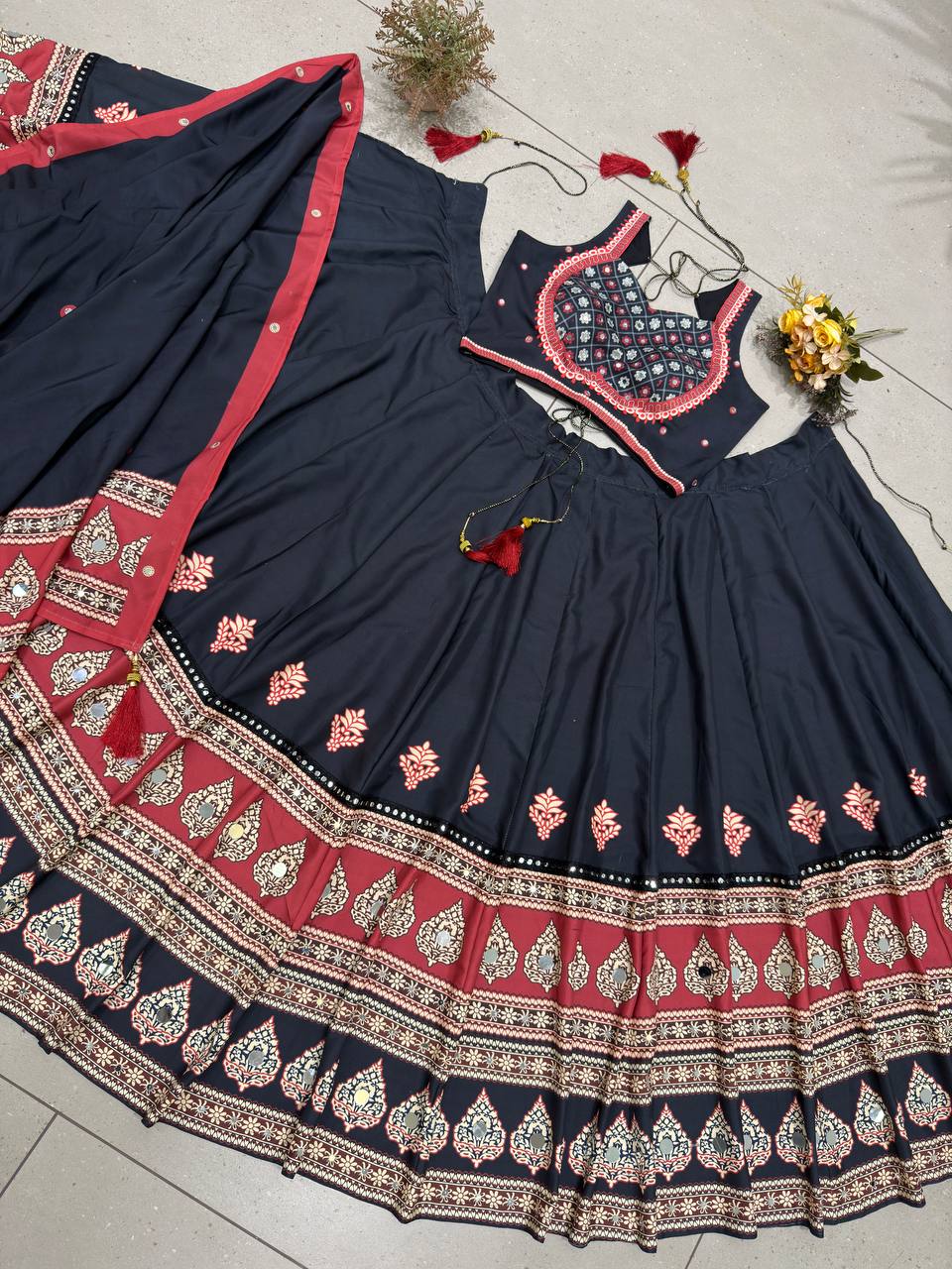Designer Navratri Real Mirror Embroidered Chaniya Choli 3-Piece Set