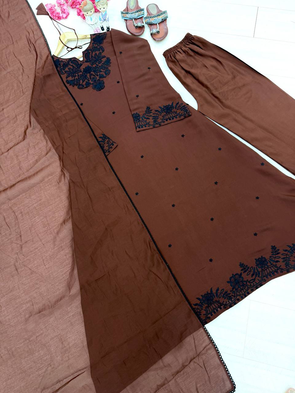 Designer Pure Satin Mul Chanderi Ankle-Length Kaftan Set with Palazzo & Dupatta
