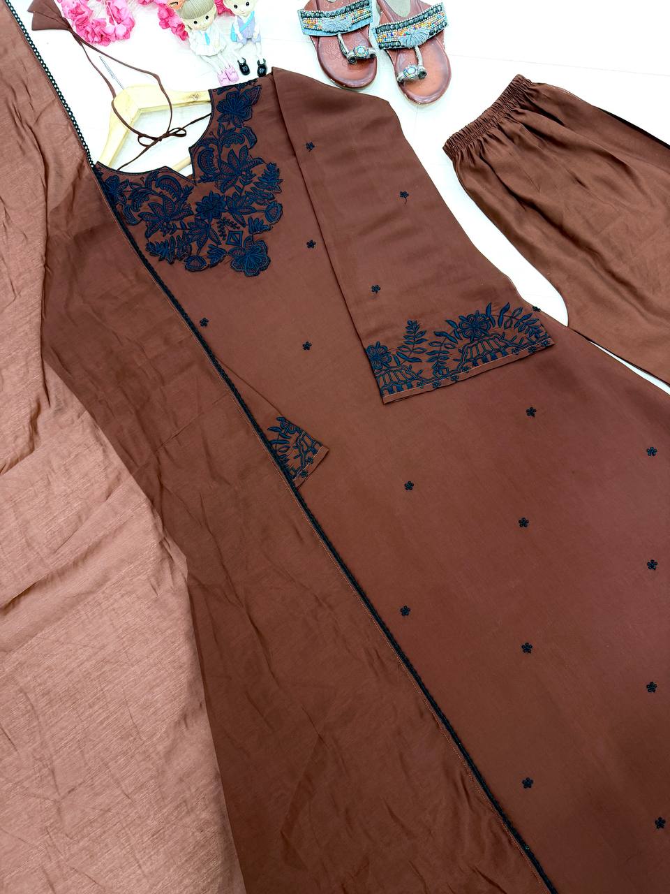 Designer Pure Satin Mul Chanderi Ankle-Length Kaftan Set with Palazzo & Dupatta