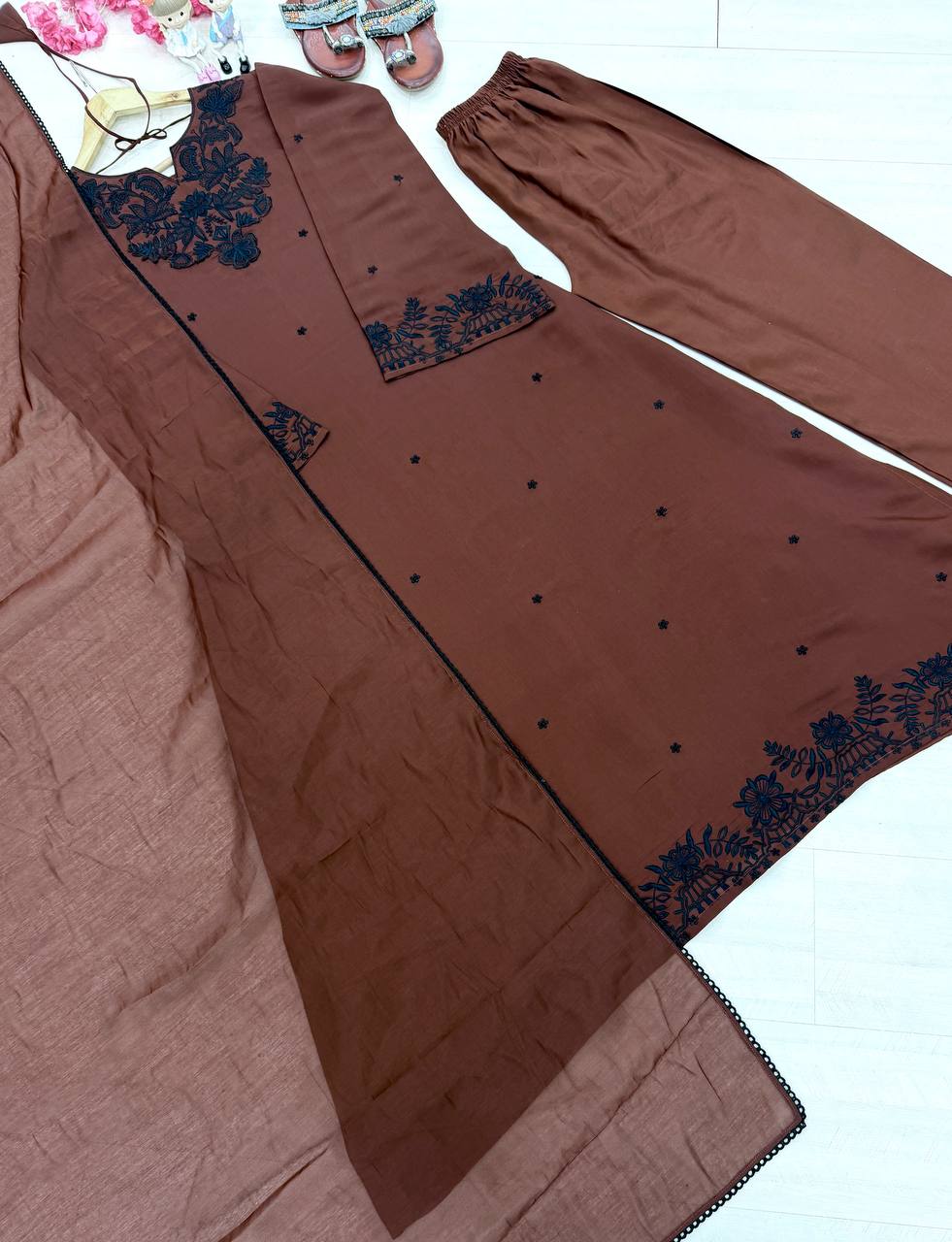Designer Pure Satin Mul Chanderi Ankle-Length Kaftan Set with Palazzo & Dupatta