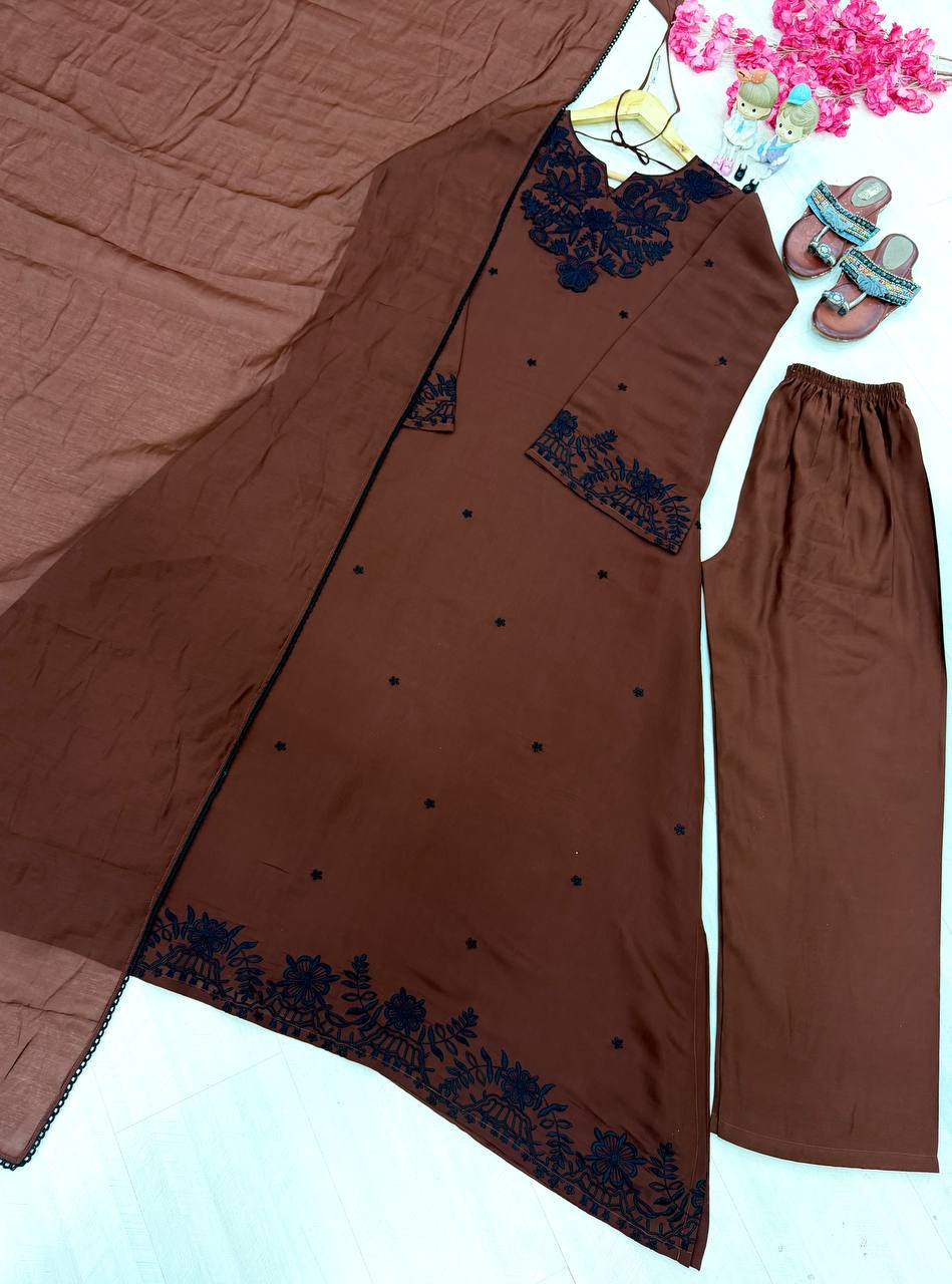 Designer Pure Satin Mul Chanderi Ankle-Length Kaftan Set with Palazzo & Dupatta