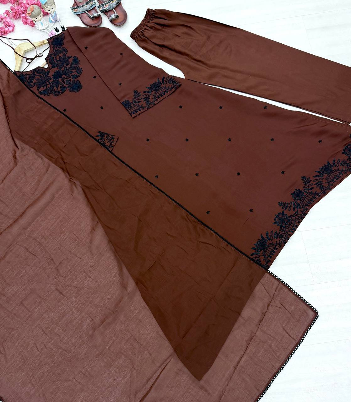 Designer Pure Satin Mul Chanderi Ankle-Length Kaftan Set with Palazzo & Dupatta