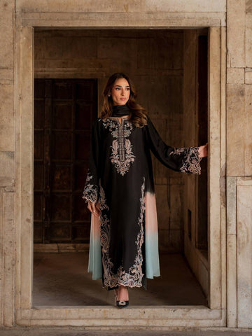 Designer Pure Satin Rayon Oversized Long Kaftan with Bottom & Shaded Dupatta 3-Piece Set