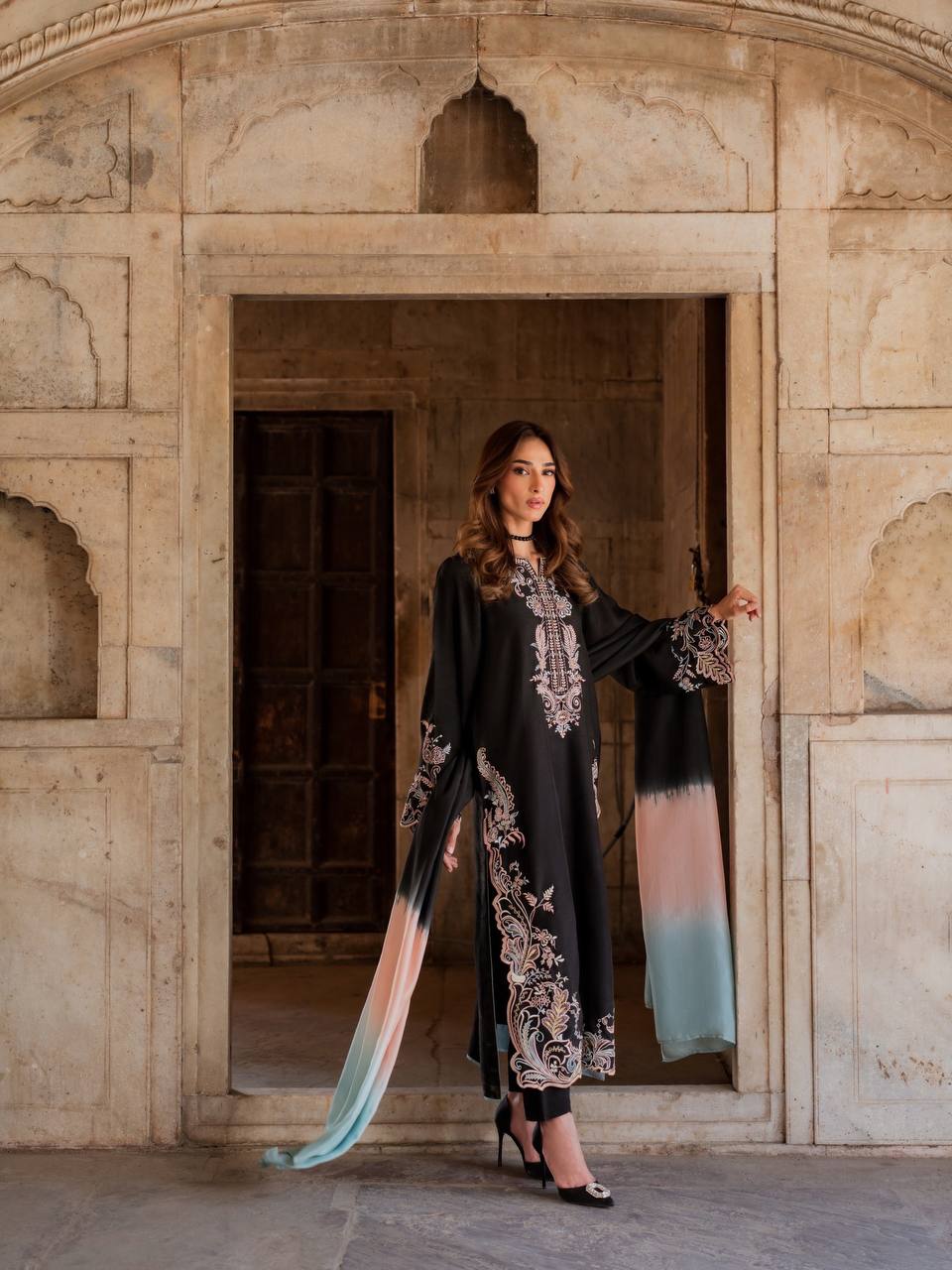 Designer Pure Satin Rayon Oversized Long Kaftan with Bottom & Shaded Dupatta 3-Piece Set
