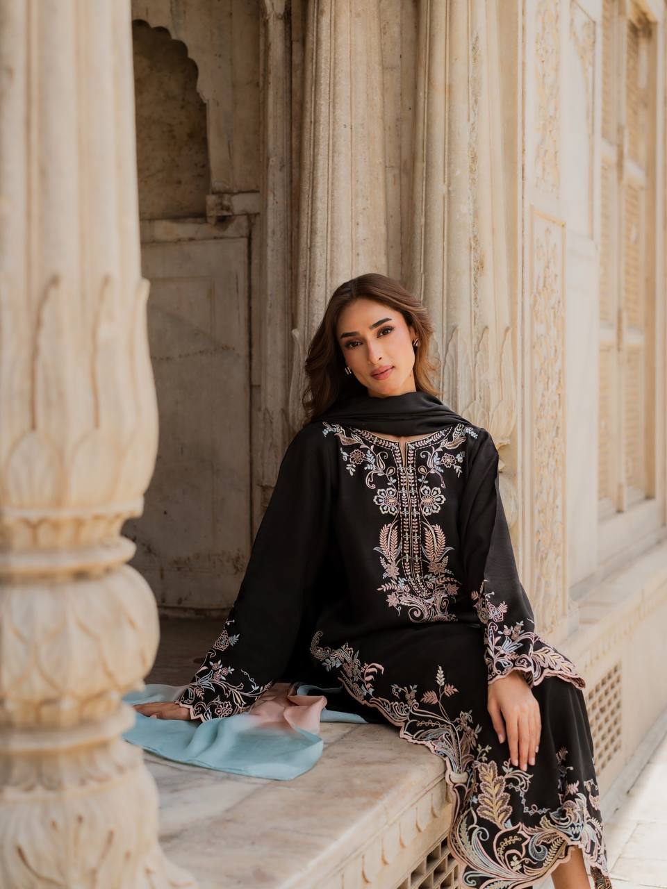 Designer Pure Satin Rayon Oversized Long Kaftan with Bottom & Shaded Dupatta 3-Piece Set