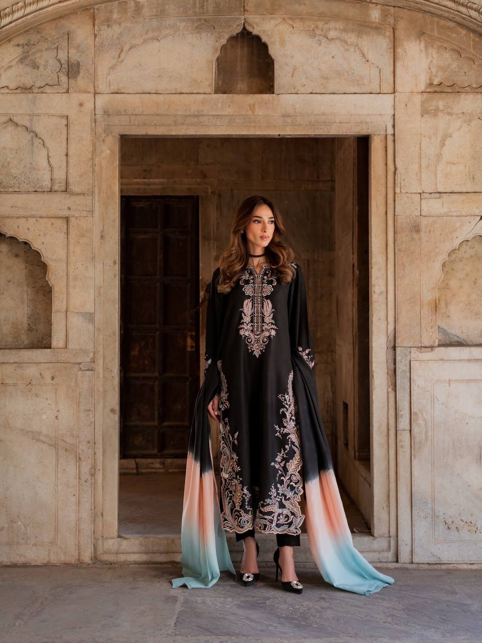 Designer Pure Satin Rayon Oversized Long Kaftan with Bottom & Shaded Dupatta 3-Piece Set