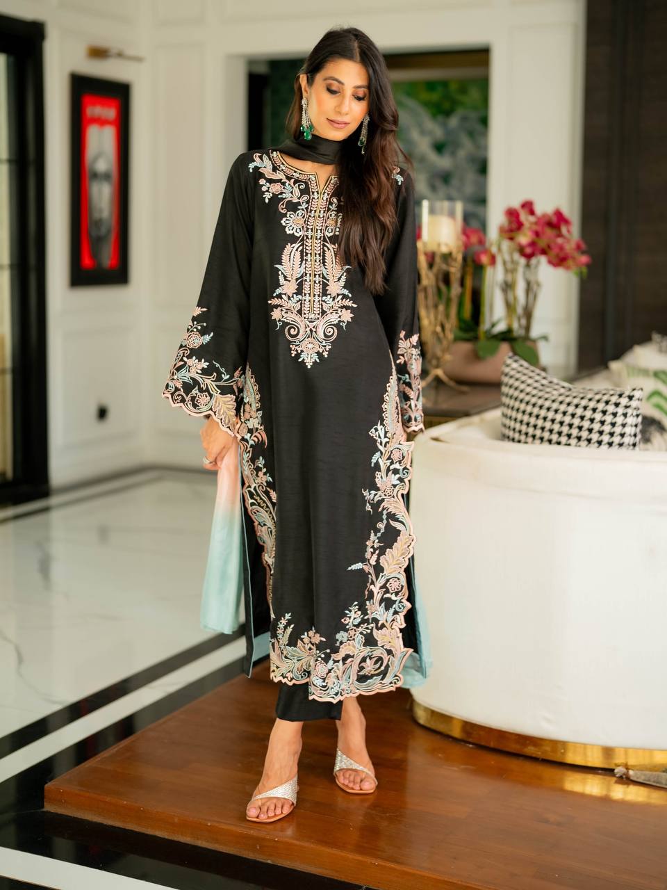 Designer Pure Satin Rayon Oversized Long Kaftan with Bottom & Shaded Dupatta 3-Piece Set