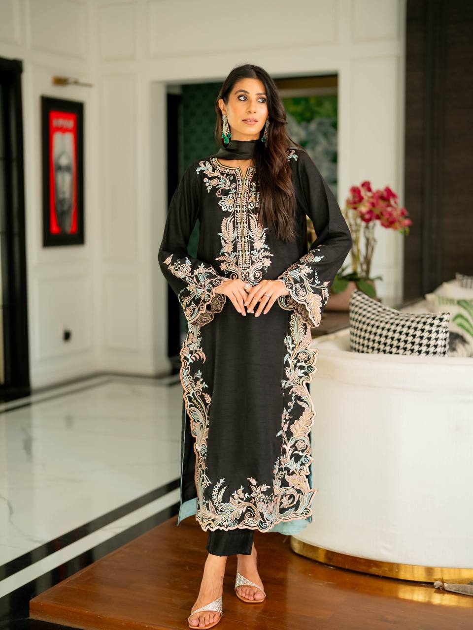 Designer Pure Satin Rayon Oversized Long Kaftan with Bottom & Shaded Dupatta 3-Piece Set
