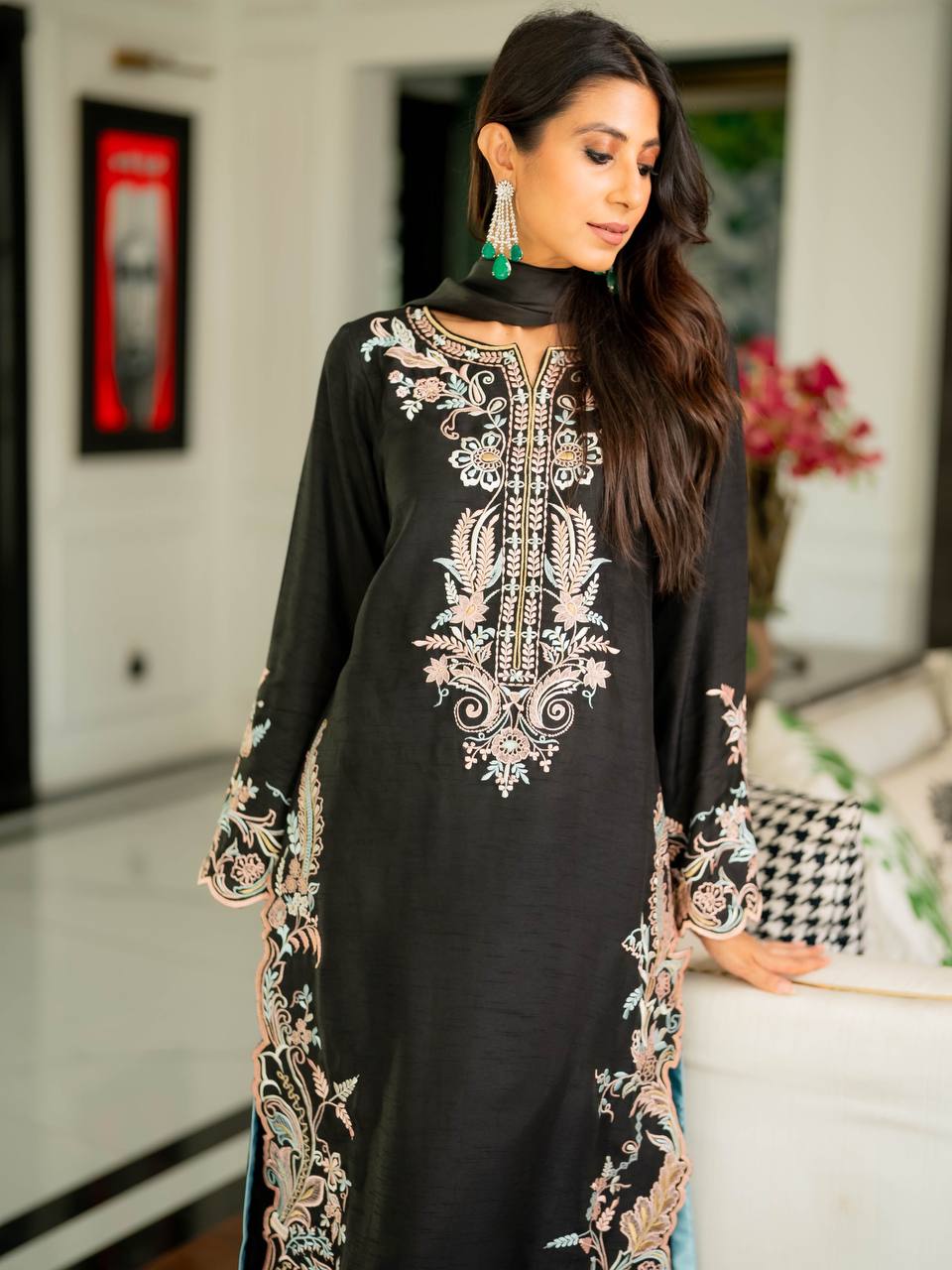 Designer Pure Satin Rayon Oversized Long Kaftan with Bottom & Shaded Dupatta 3-Piece Set