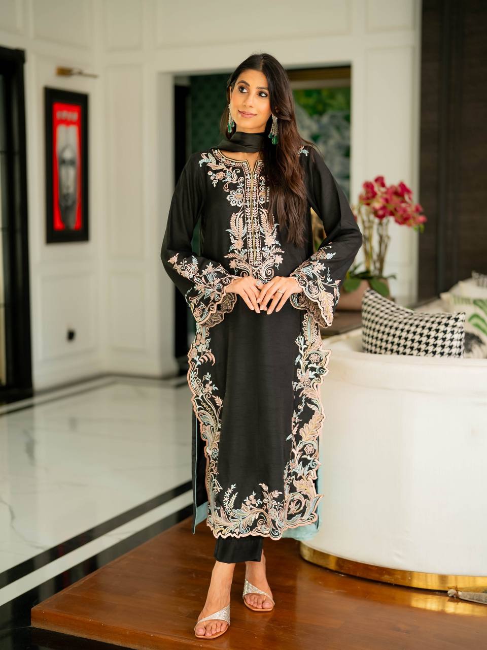 Designer Pure Satin Rayon Oversized Long Kaftan with Bottom & Shaded Dupatta 3-Piece Set