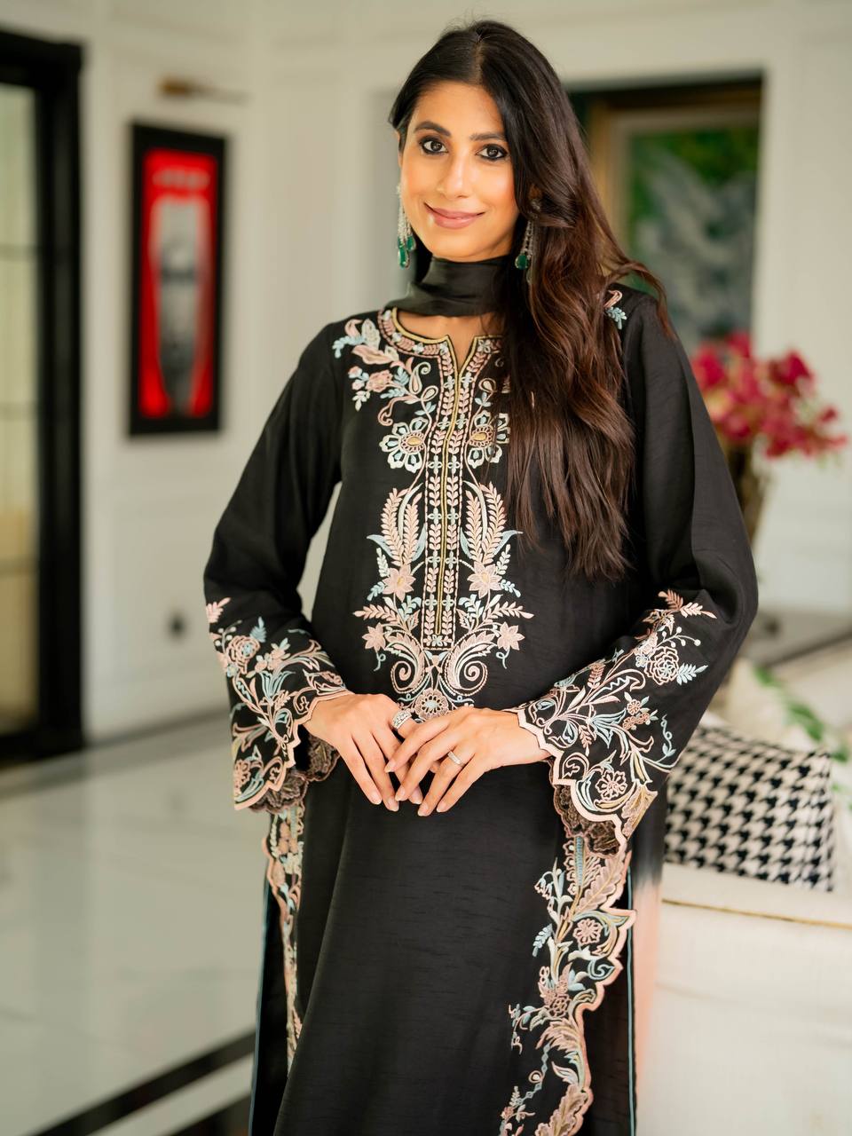 Designer Pure Satin Rayon Oversized Long Kaftan with Bottom & Shaded Dupatta 3-Piece Set