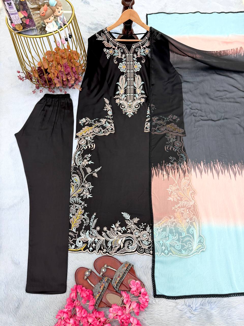 Designer Pure Satin Rayon Oversized Long Kaftan with Bottom & Shaded Dupatta 3-Piece Set