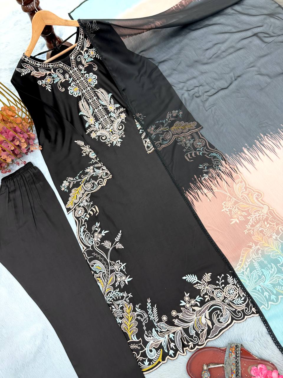 Designer Pure Satin Rayon Oversized Long Kaftan with Bottom & Shaded Dupatta 3-Piece Set