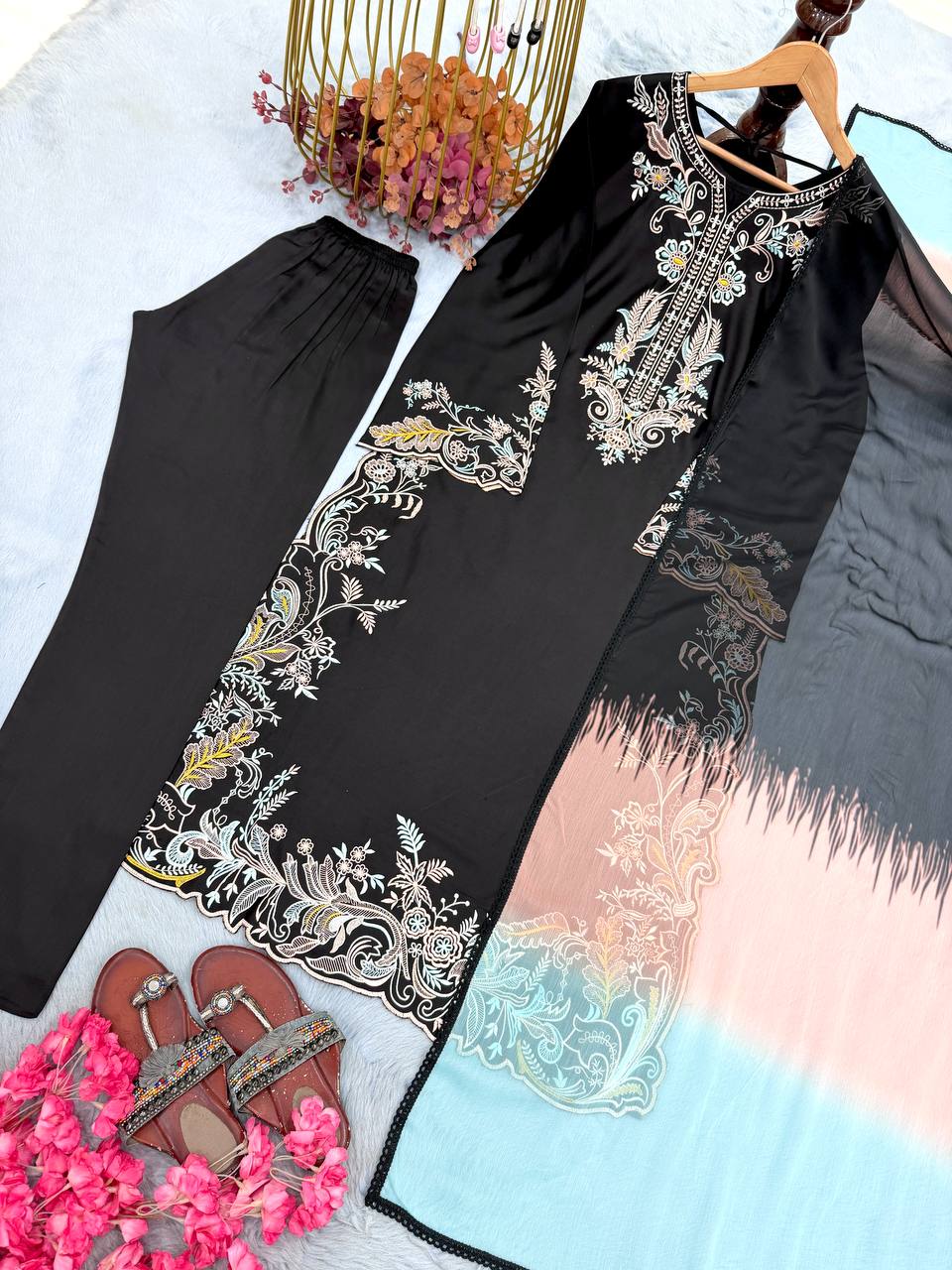Designer Pure Satin Rayon Oversized Long Kaftan with Bottom & Shaded Dupatta 3-Piece Set