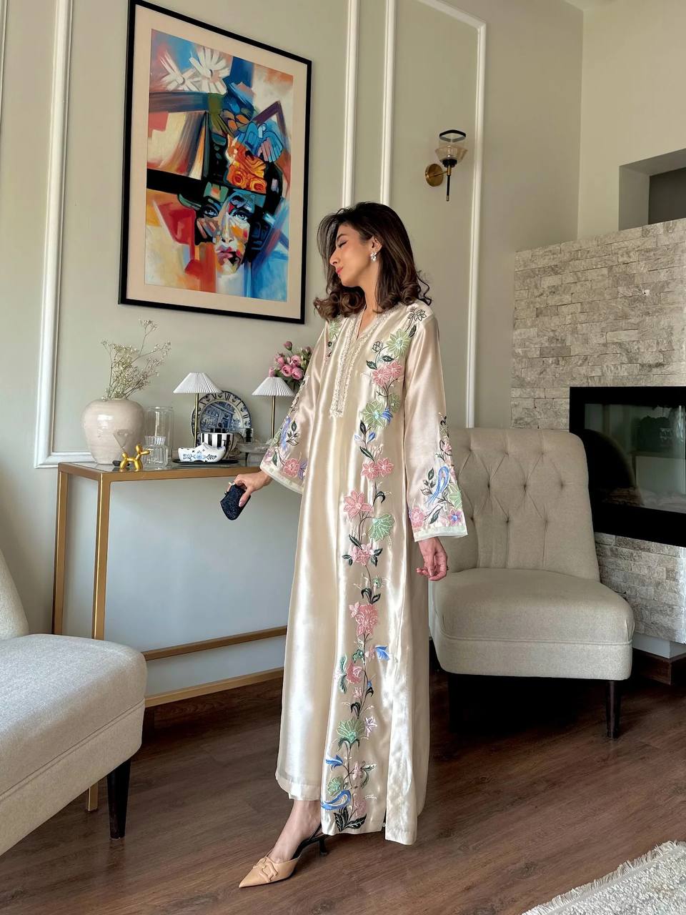 Designer Pure Roman Glass Silk Oversized Long Kaftan with Bottom & Dupatta 3-Piece Set