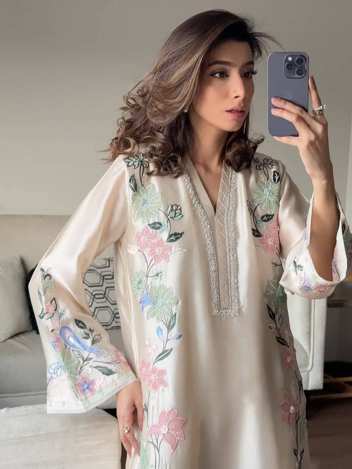 Designer Pure Roman Glass Silk Oversized Long Kaftan with Bottom & Dupatta 3-Piece Set