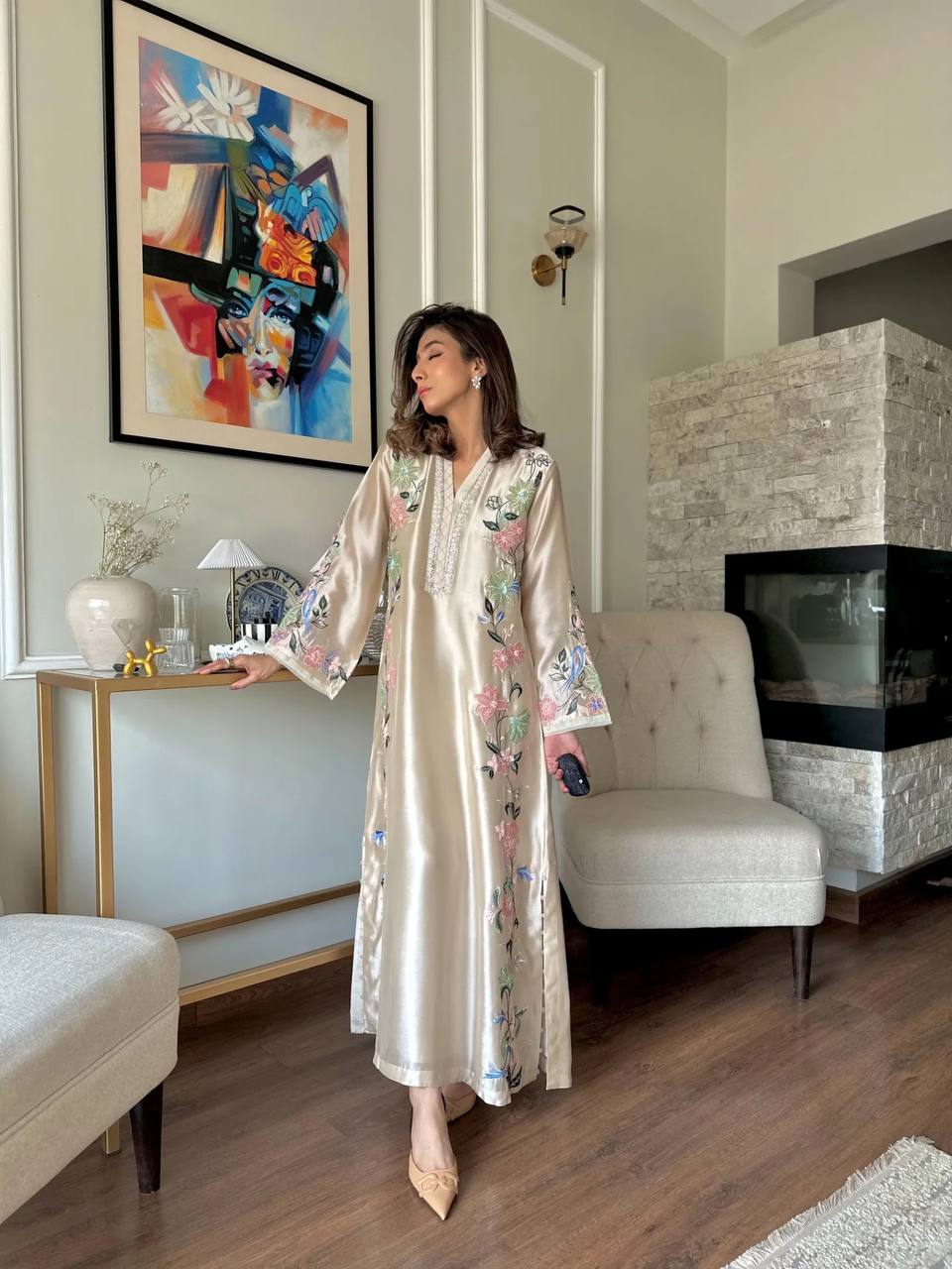 Designer Pure Roman Glass Silk Oversized Long Kaftan with Bottom & Dupatta 3-Piece Set