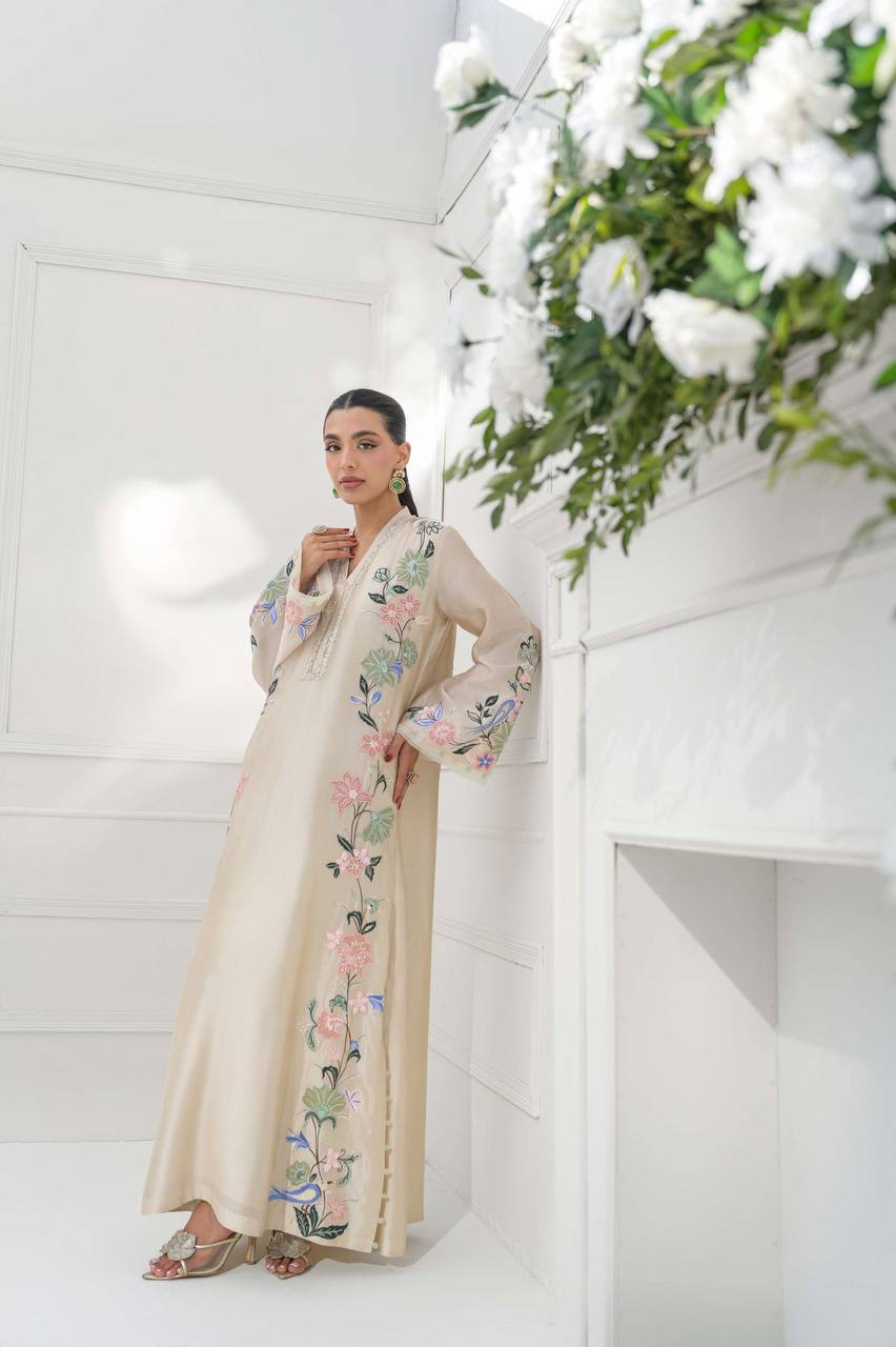 Designer Pure Roman Glass Silk Oversized Long Kaftan with Bottom & Dupatta 3-Piece Set