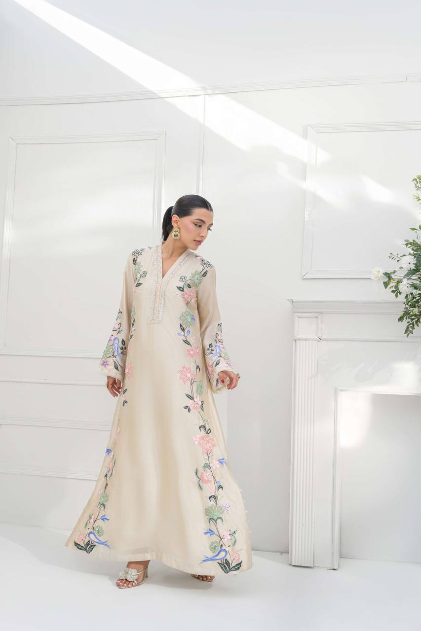 Designer Pure Roman Glass Silk Oversized Long Kaftan with Bottom & Dupatta 3-Piece Set