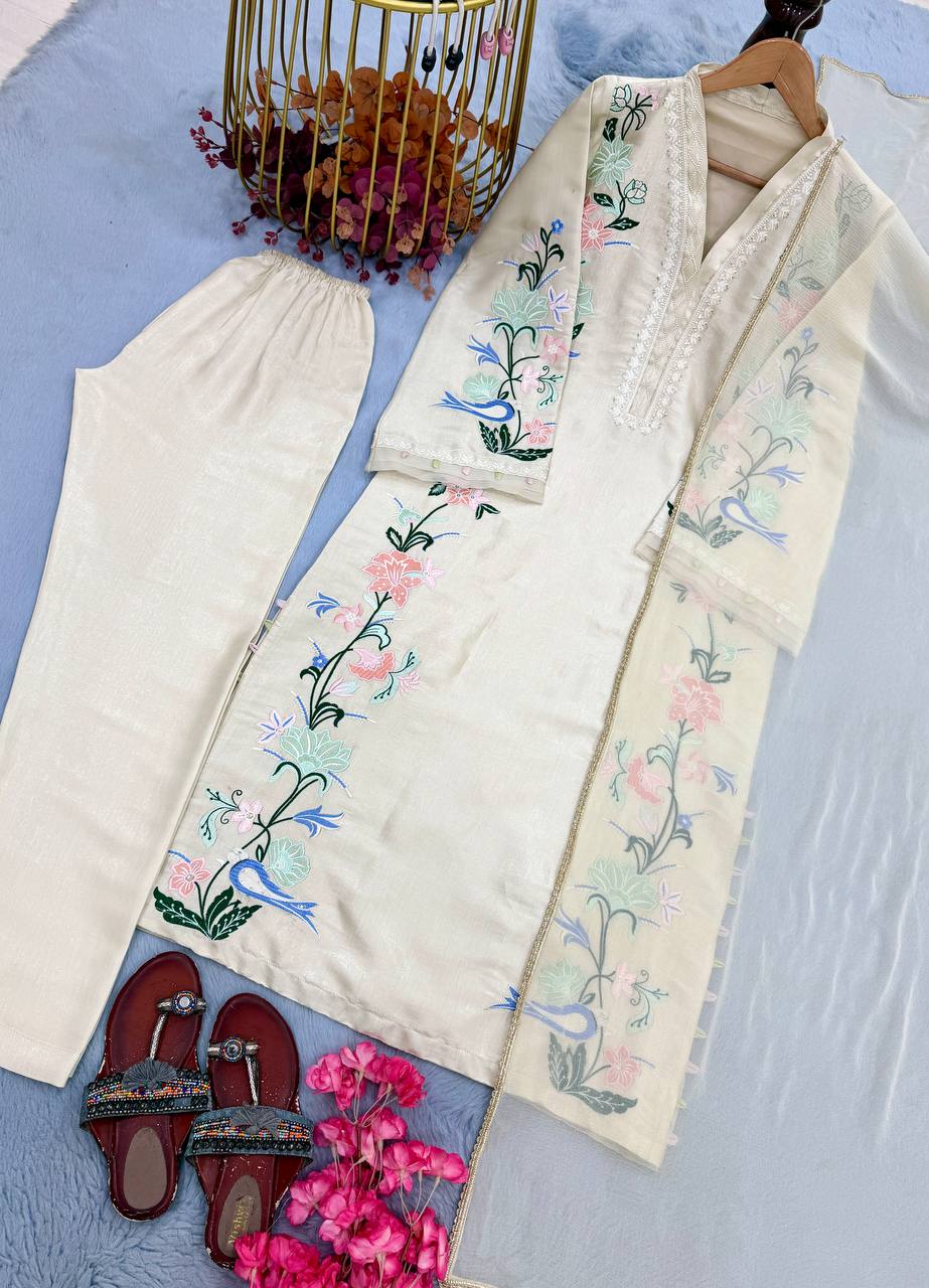 Designer Pure Roman Glass Silk Oversized Long Kaftan with Bottom & Dupatta 3-Piece Set