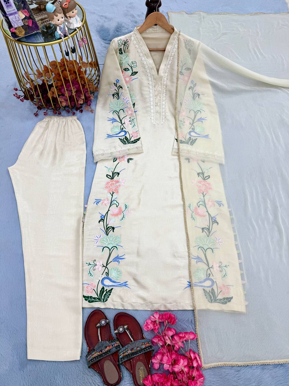 Designer Pure Roman Glass Silk Oversized Long Kaftan with Bottom & Dupatta 3-Piece Set