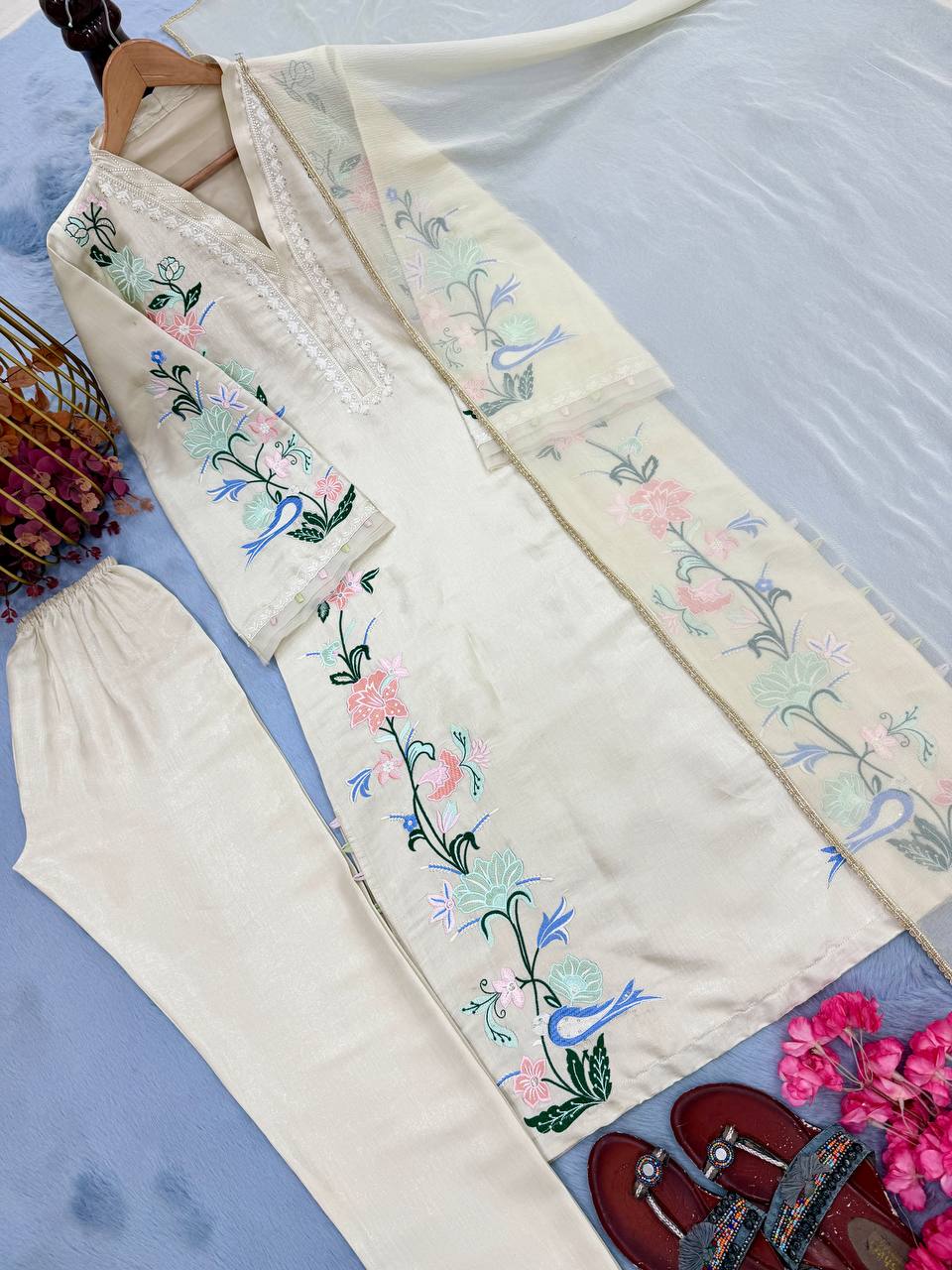 Designer Pure Roman Glass Silk Oversized Long Kaftan with Bottom & Dupatta 3-Piece Set