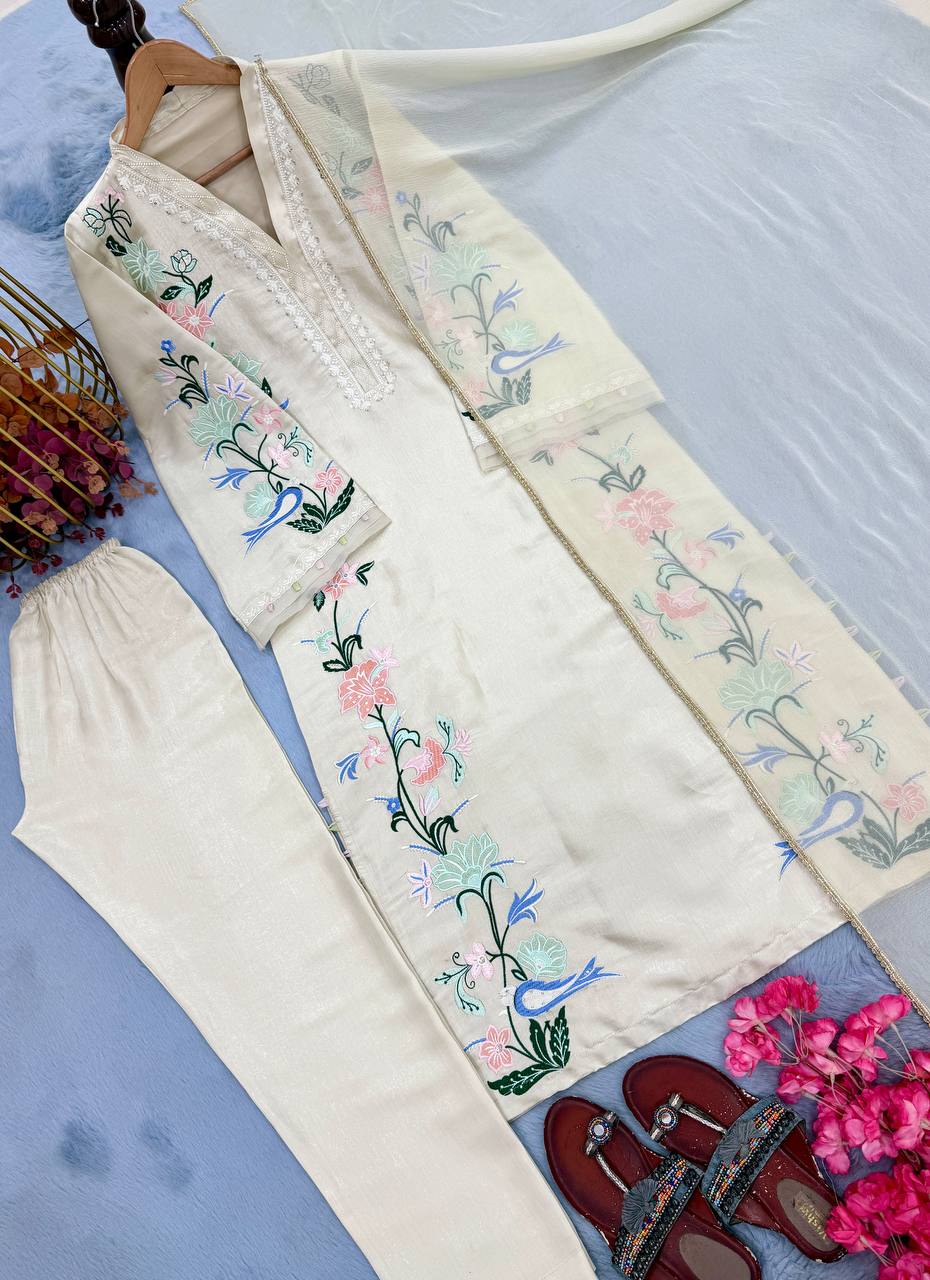 Designer Pure Roman Glass Silk Oversized Long Kaftan with Bottom & Dupatta 3-Piece Set