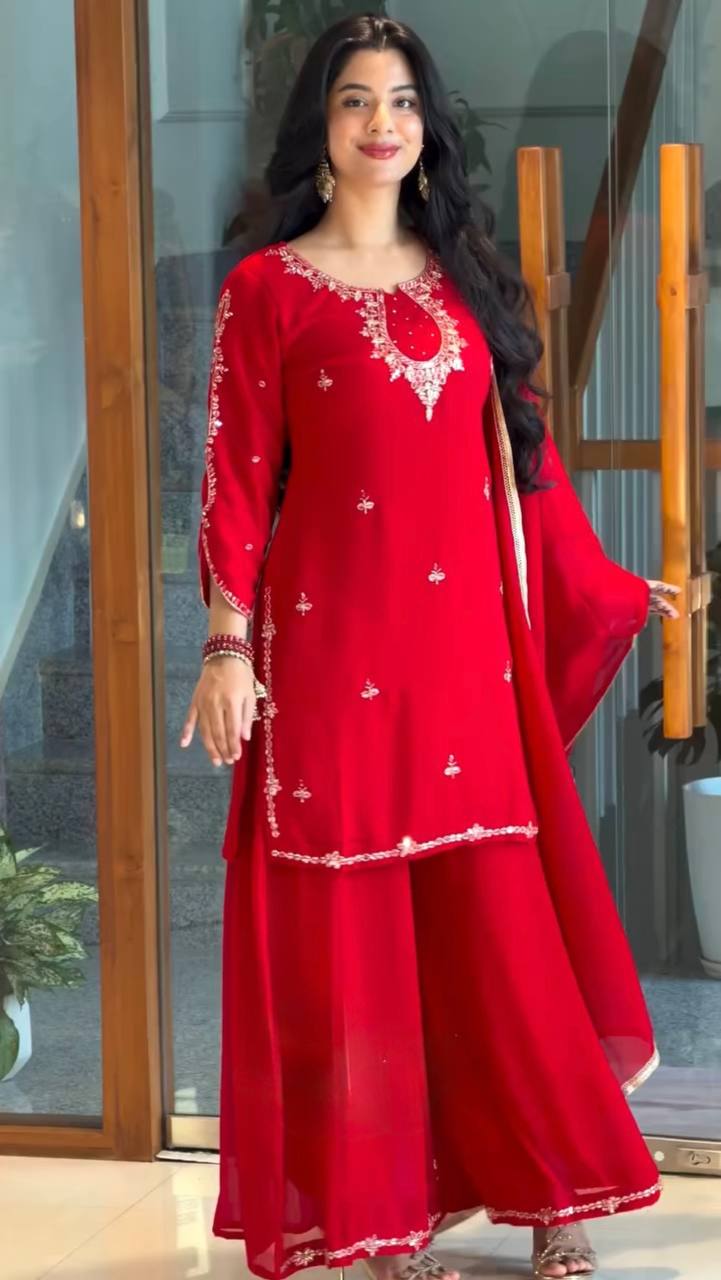 Hand Stone & Sequin Work Kurti with Palazzo & Dupatta 3-Piece Set