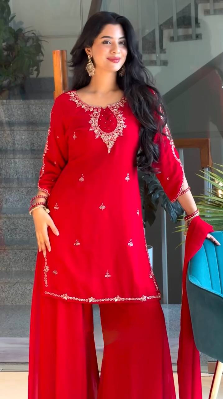Hand Stone & Sequin Work Kurti with Palazzo & Dupatta 3-Piece Set