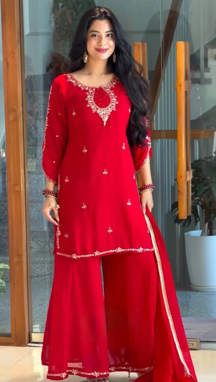 Hand Stone & Sequin Work Kurti with Palazzo & Dupatta 3-Piece Set