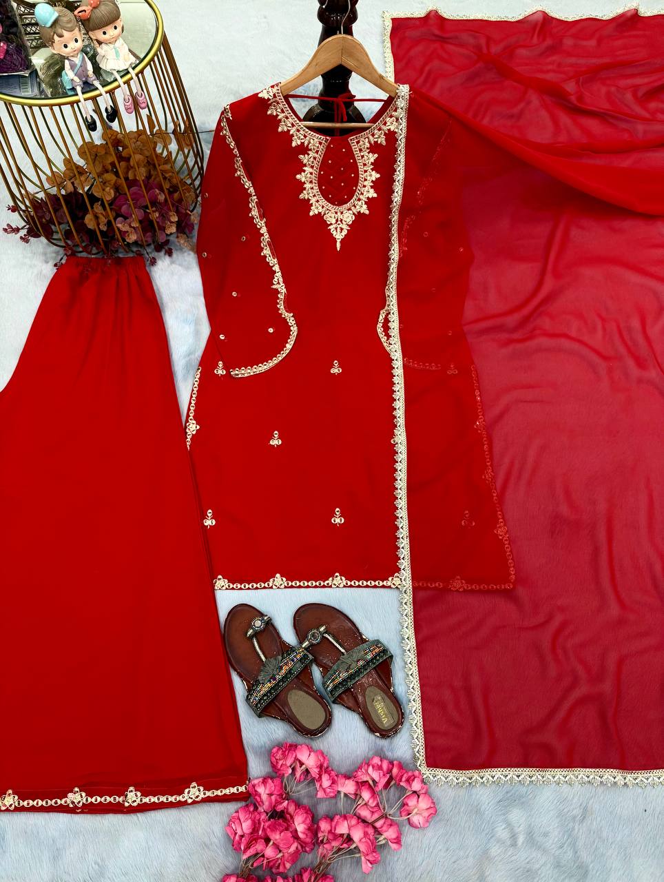 Hand Stone & Sequin Work Kurti with Palazzo & Dupatta 3-Piece Set